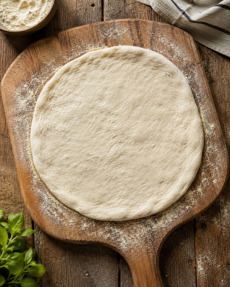 A round, uncooked pizza dough sits on a floured wooden pizza peel.