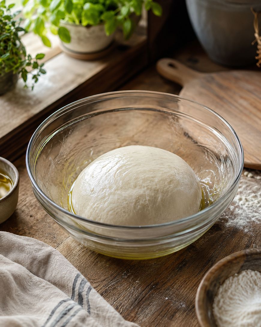 A glass bowl with risen dough sits on a wooden table, surrounded by flour, a striped cloth, a small bowl of olive oil, and potted herbs in the background.