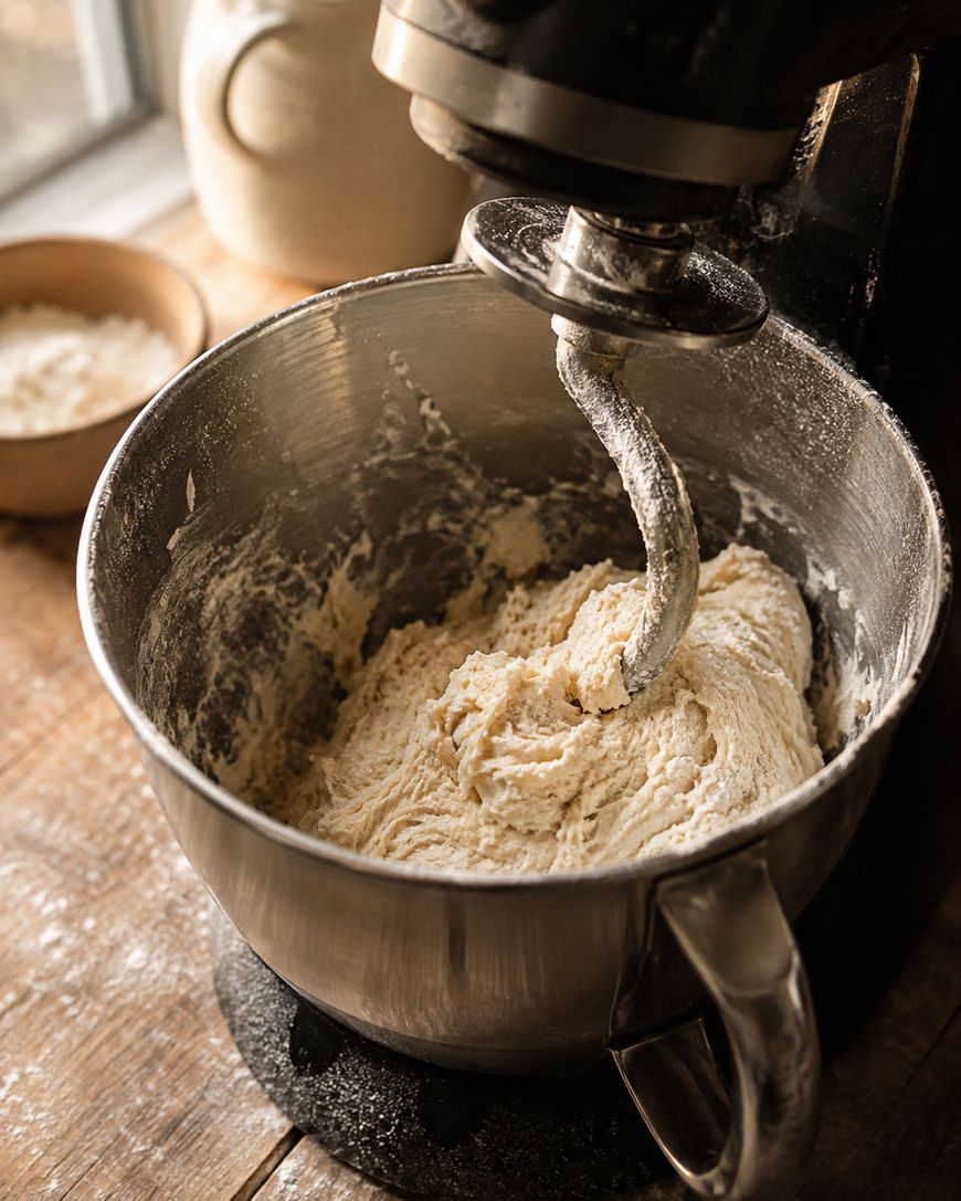 A stand mixer with a dough hook mixes bread dough in a metal bowl, with flour visible on the wooden table nearby.