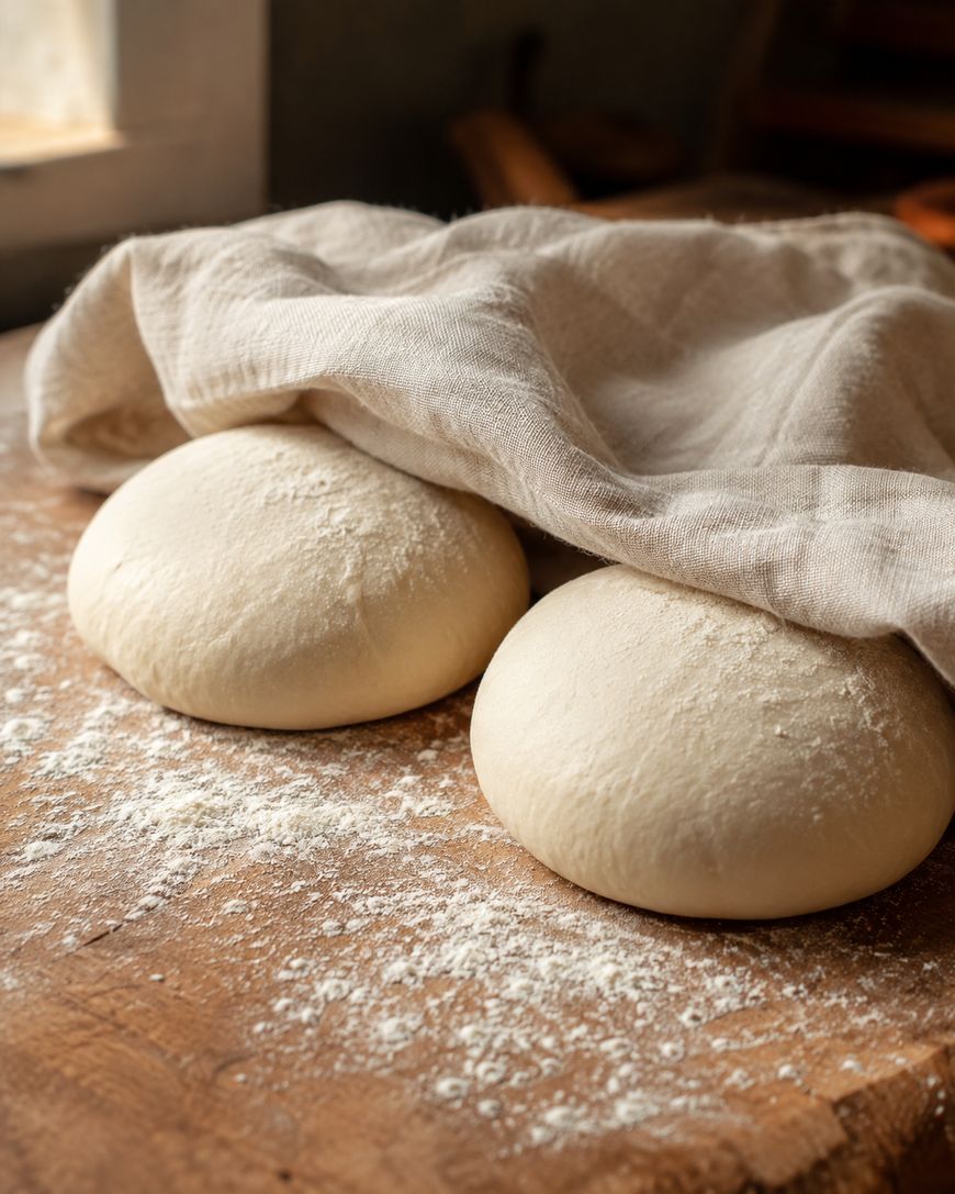 Two round balls of bread dough rest on a floured wooden surface, partially covered by a light cloth.