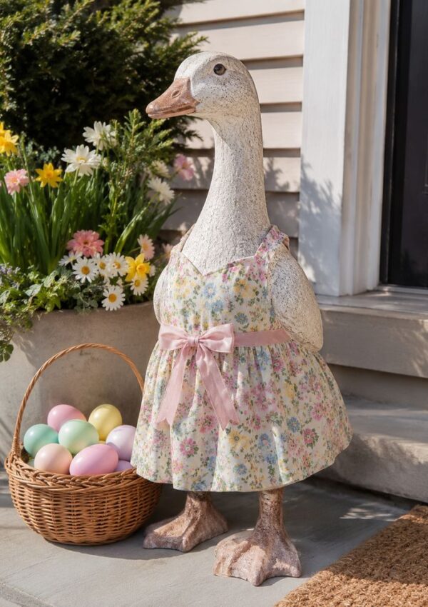 A decorative goose statue in a floral dress stands by a basket of pastel Easter eggs on a doorstep with potted flowers nearby.