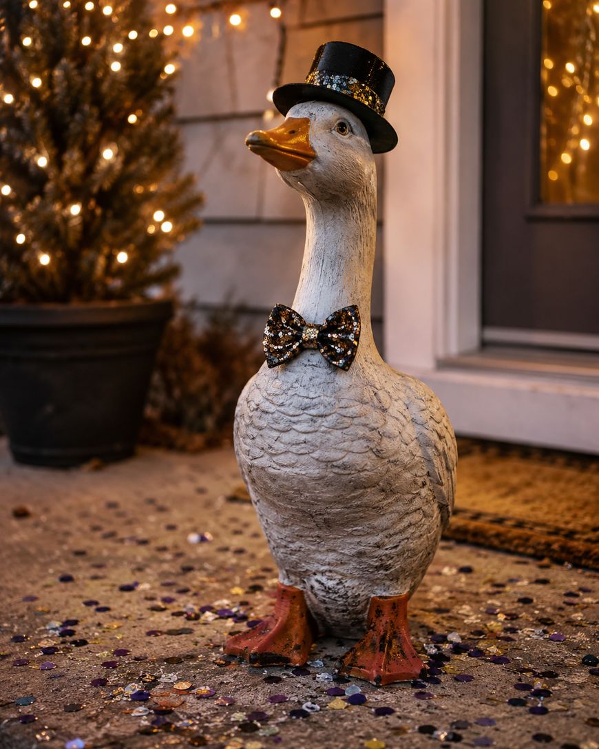 A goose statue wearing a black top hat and a glittery bow tie stands on a porch scattered with confetti, with warm string lights and a potted plant in the background.