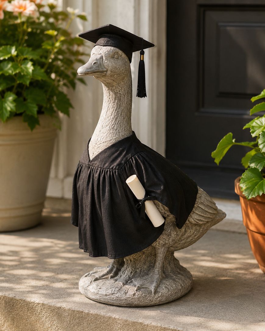 A stone goose statue dressed in a black graduation cap and gown holds two diplomas, standing on a porch surrounded by potted plants.
