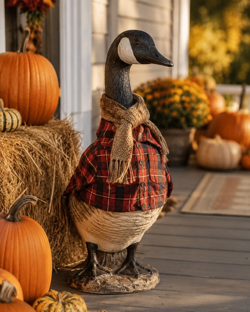 A decorative goose statue wearing a plaid shirt and scarf stands on a porch surrounded by hay bales, pumpkins, and autumn flowers.
