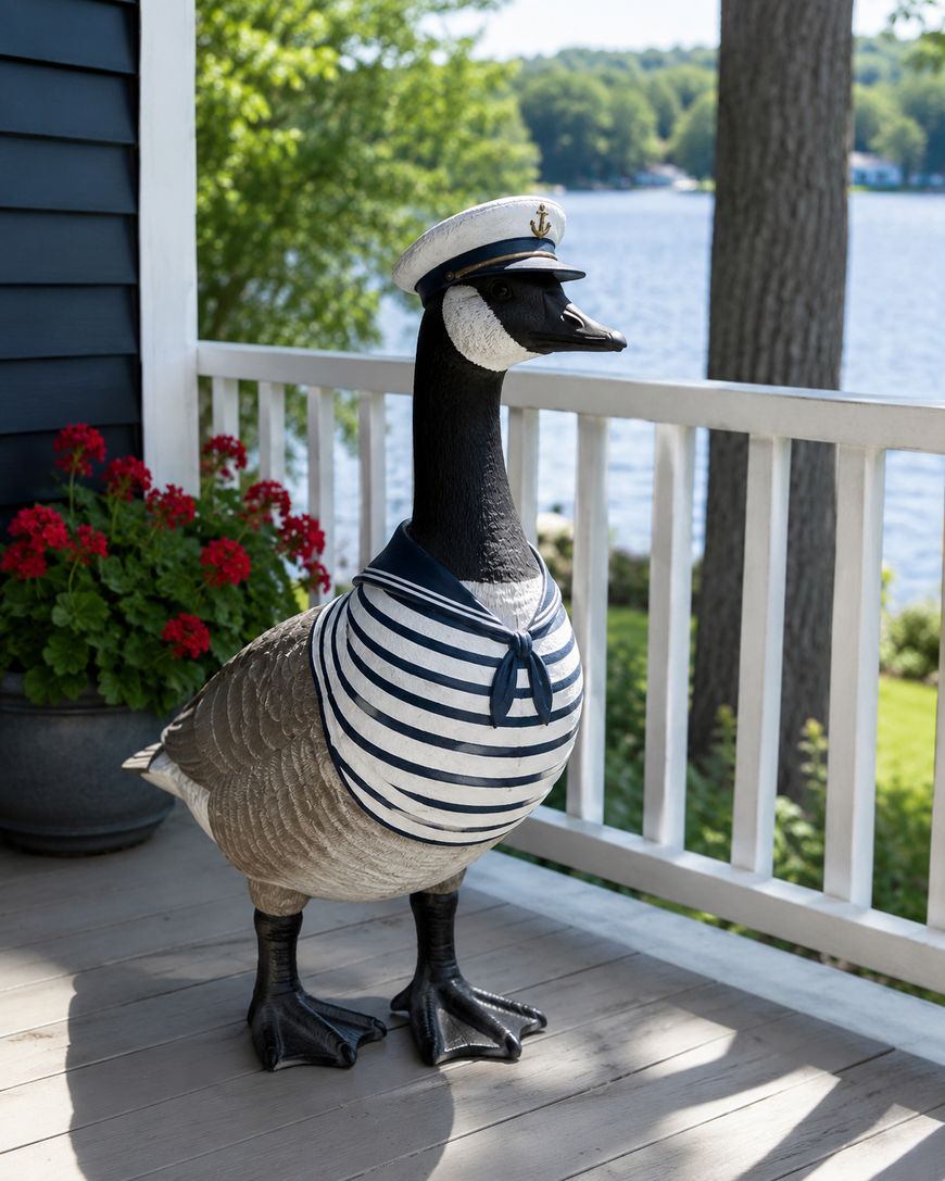 A goose statue dressed in a sailor hat and striped shirt stands on a porch with a lake and trees in the background.