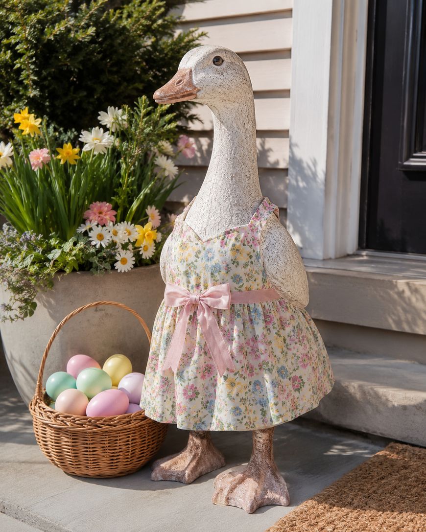 A goose statue dressed in a floral dress with a pink ribbon stands on a porch next to a basket of pastel-colored eggs and flowers in the background.