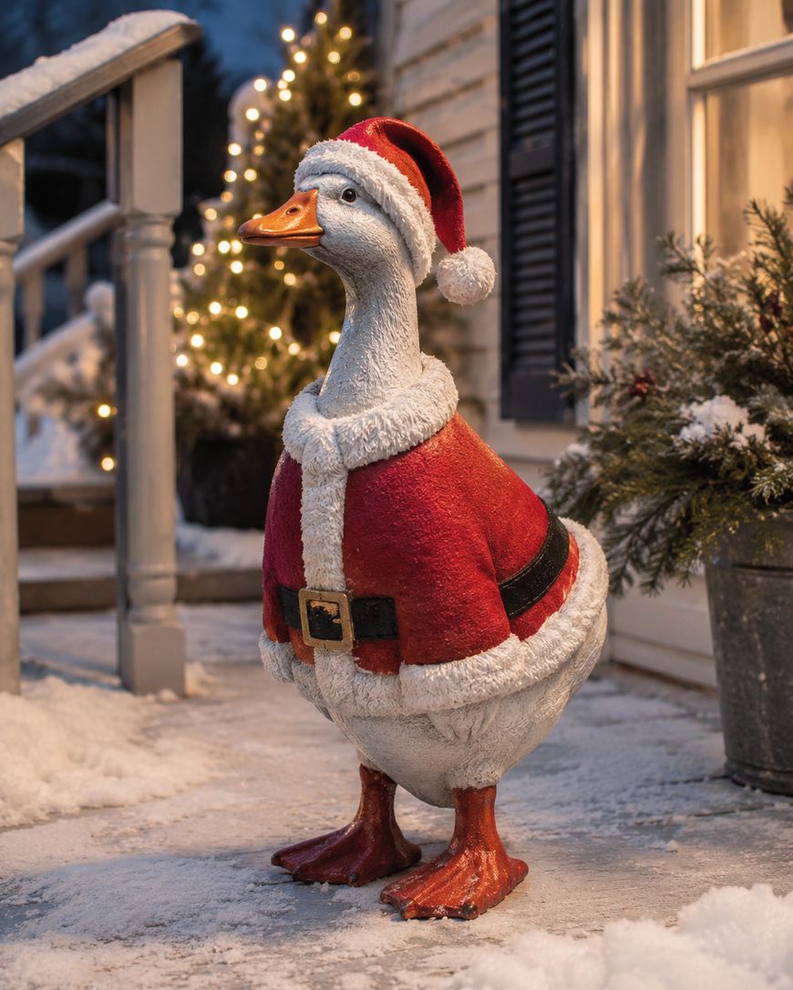 A white goose stands outdoors on snow, dressed in a red Santa Claus coat and hat. Christmas lights and greenery decorate the background, creating a festive winter scene.