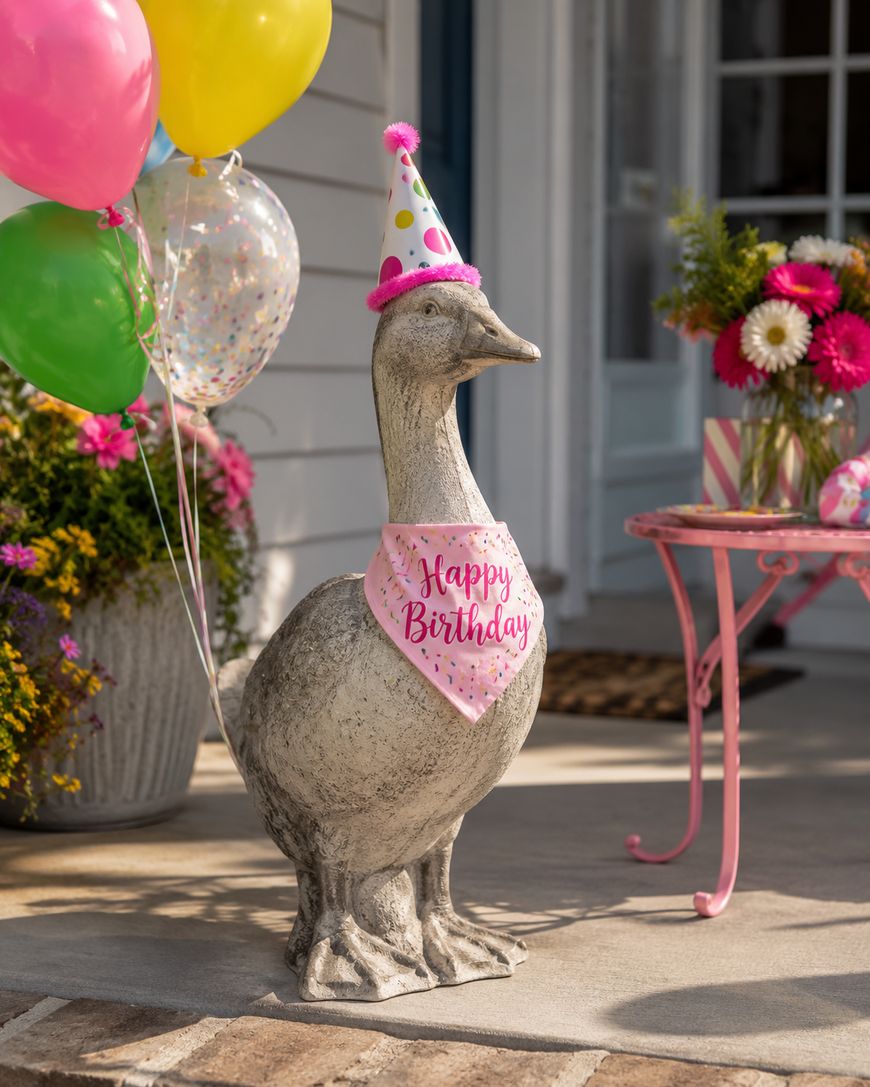 A stone goose statue wears a polka dot birthday hat and a pink Happy Birthday bandana. Balloons, flowers, and a pink table with gifts decorate the porch in the background.