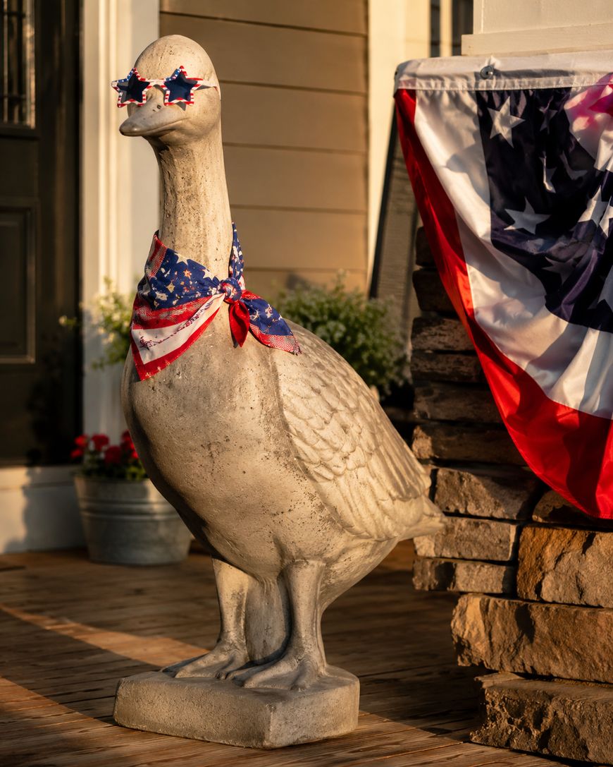A concrete goose statue wears star-shaped sunglasses and a red, white, and blue scarf. A patriotic flag is draped nearby, suggesting a festive, patriotic theme.