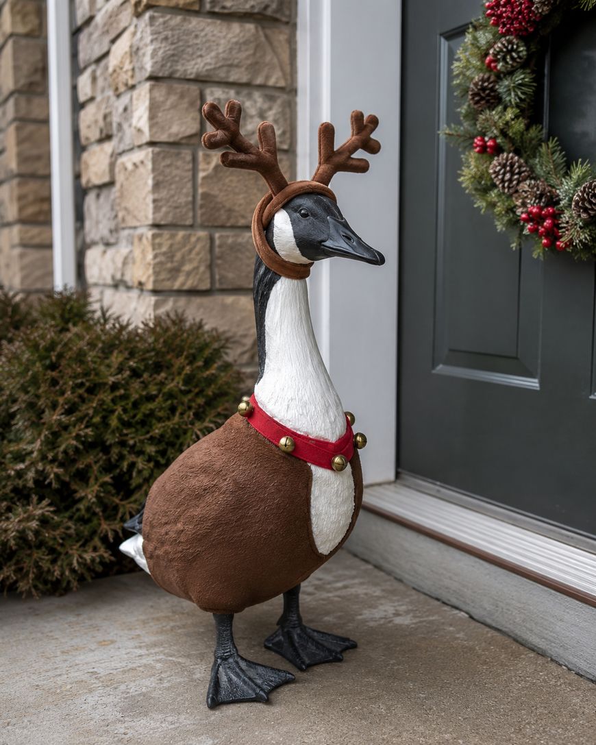 A decorative goose statue dressed in a brown reindeer costume with antlers and bells stands on a porch near a green door with a holiday wreath.