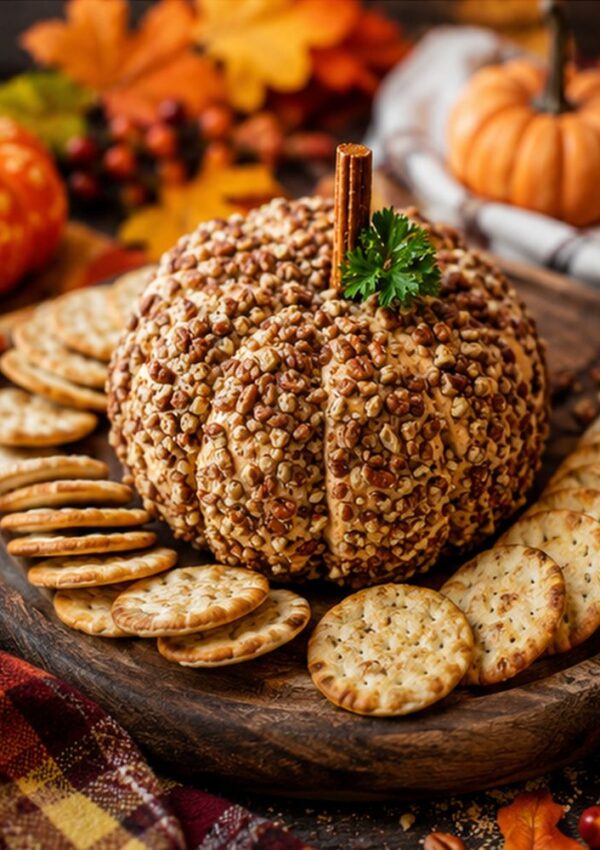 Pumpkin-shaped cheese ball covered with nuts, topped with a cinnamon stick and parsley, surrounded by crackers on a wooden platter with autumn decorations.