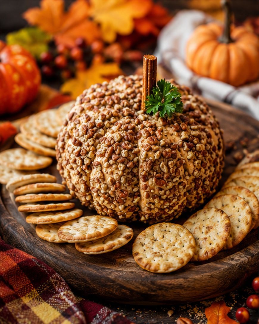 A cheese ball shaped like a pumpkin, coated with nuts, topped with a cinnamon stick and parsley, served on a wooden platter with round crackers. Autumn decorations and pumpkins are in the background.