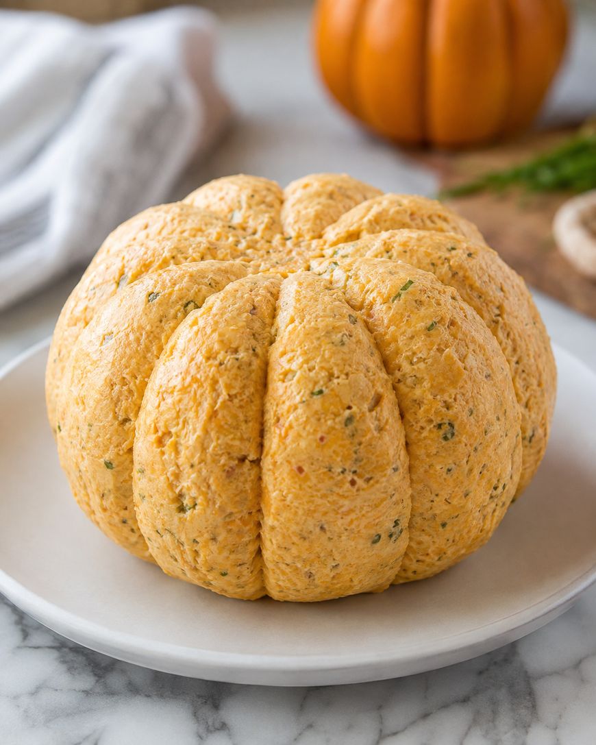 A cheese ball shaped like a pumpkin sits on a white plate, with grooves to mimic pumpkin sections. A real pumpkin is blurred in the background.