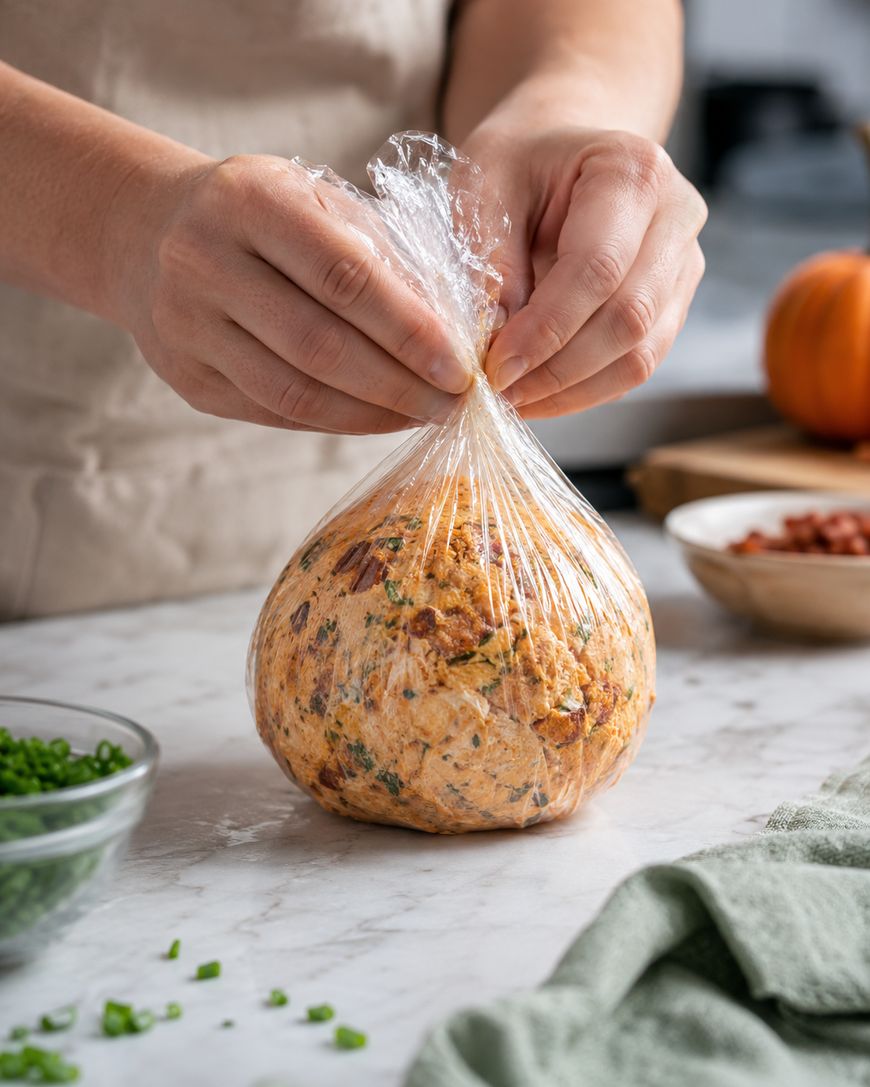 Hands tying plastic wrap around a ball of savory dough with herbs and ingredients inside, on a marble countertop. A bowl of chopped chives and a green cloth are nearby.