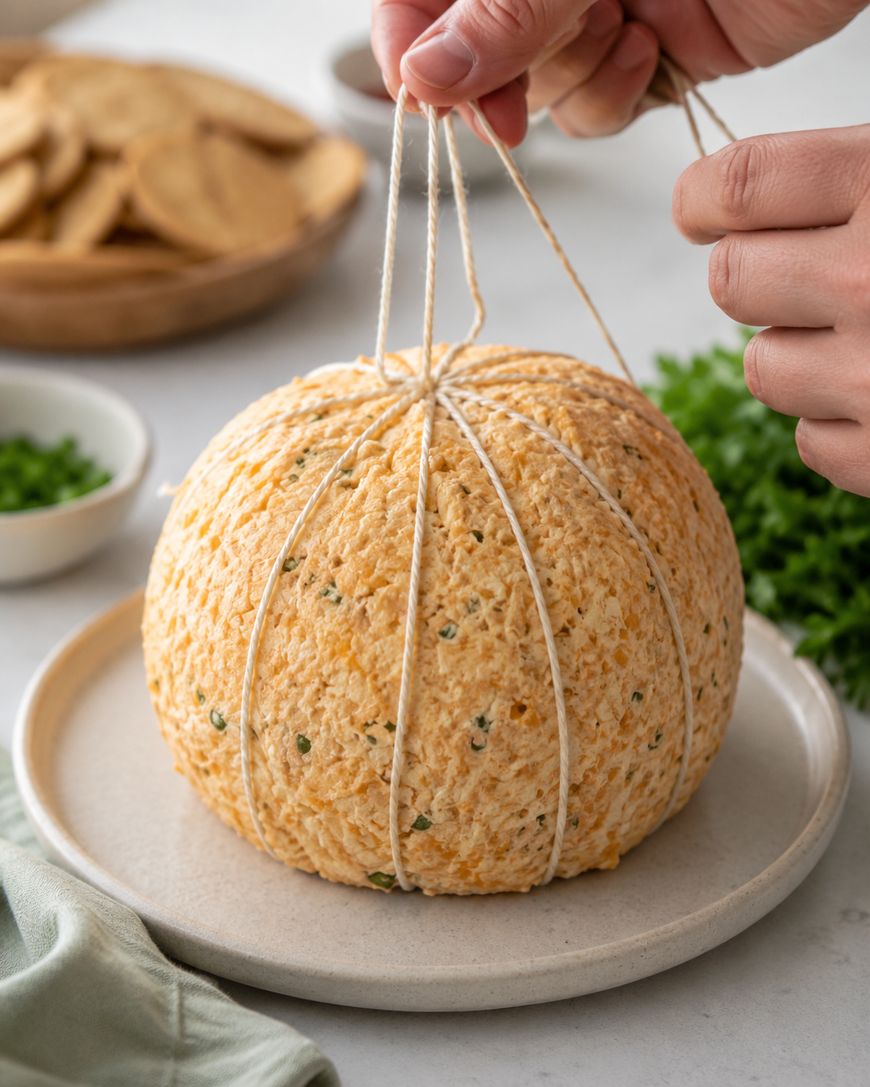 A persons hands tie string around a large, round cheese ball with herbs, placed on a plate. Fresh parsley and crackers are in the background.