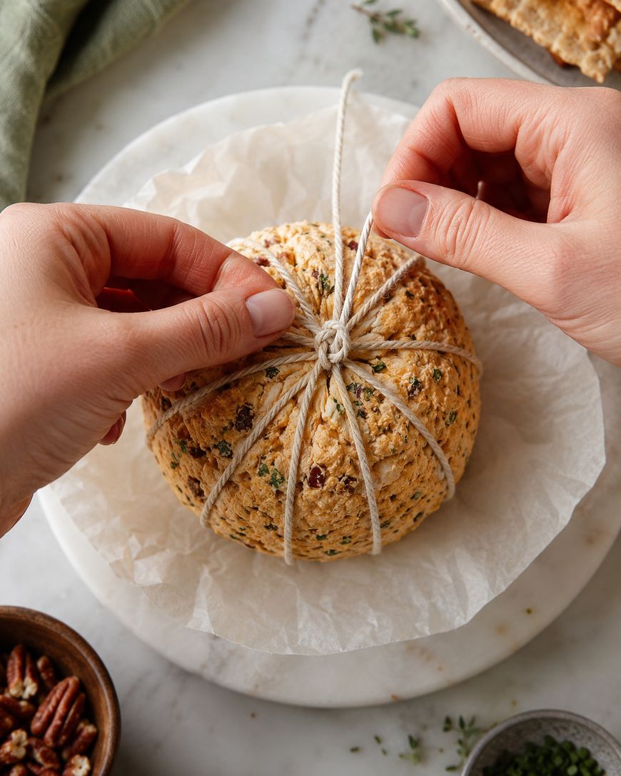 Hands tying string around a round cheese ball with herbs, placed on parchment paper on a marble surface; small bowls of nuts and herbs are nearby.