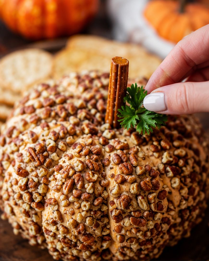A hand places parsley on a pumpkin-shaped cheese ball coated with chopped pecans, featuring a pretzel stick stem, with crackers and a pumpkin in the background.