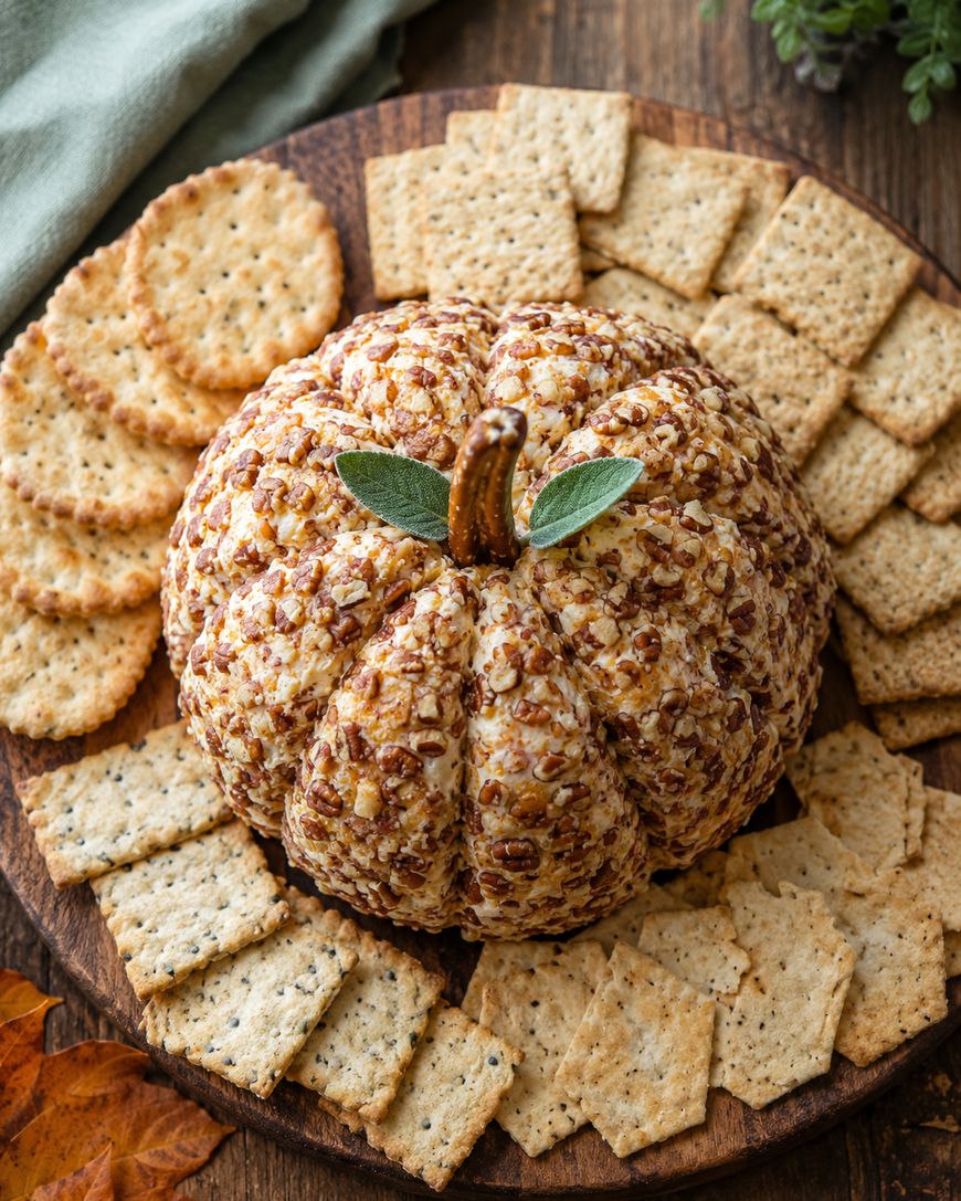 A cheese ball shaped like a pumpkin, coated with nuts, garnished with sage leaves and a stem, surrounded by assorted crackers on a wooden platter.