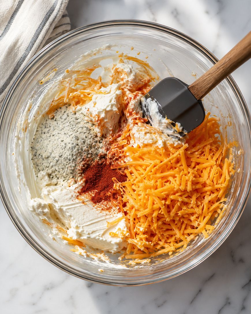 A glass bowl with cream cheese, shredded cheddar, ranch seasoning, and paprika, being mixed with a black spatula on a marble surface. A striped towel is partially visible in the corner.