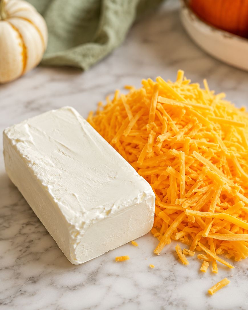 A block of cream cheese and a pile of shredded cheddar cheese sit on a marble countertop with a green cloth and small pumpkins in the background.