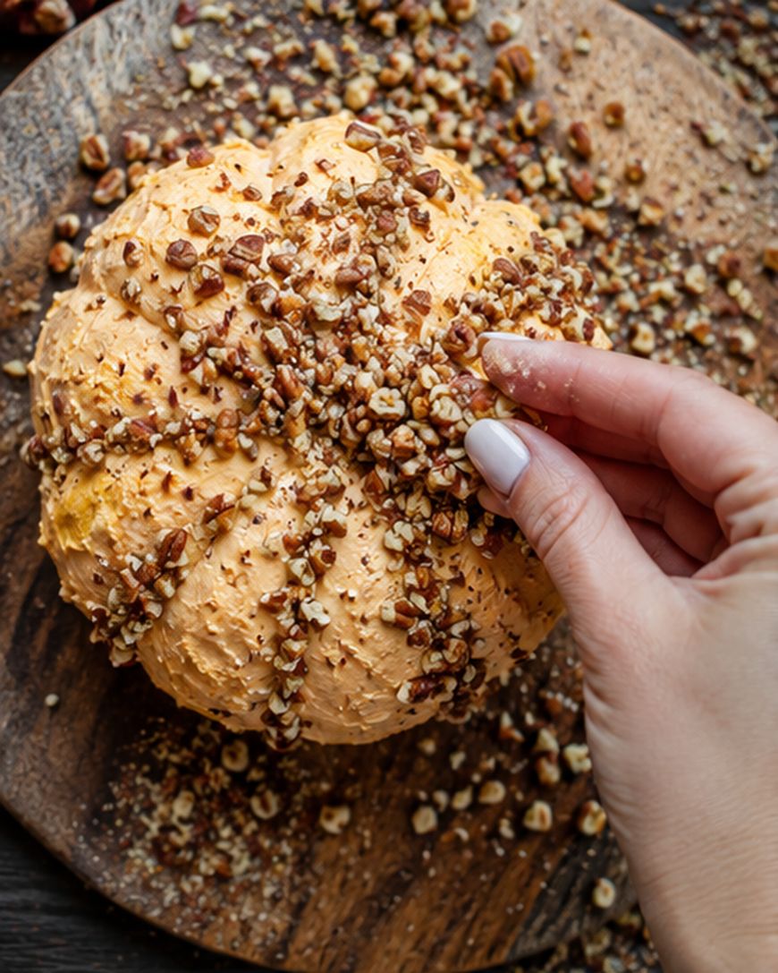 A hand sprinkles chopped pecans on a round, orange cheese ball placed on a wooden board, with more nuts scattered around.