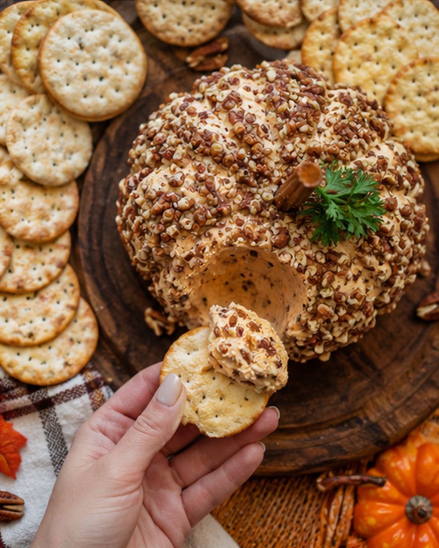 A hand holds a cracker with cheese spread, taken from a pumpkin-shaped cheese ball covered in chopped nuts, surrounded by more crackers on a wooden board.