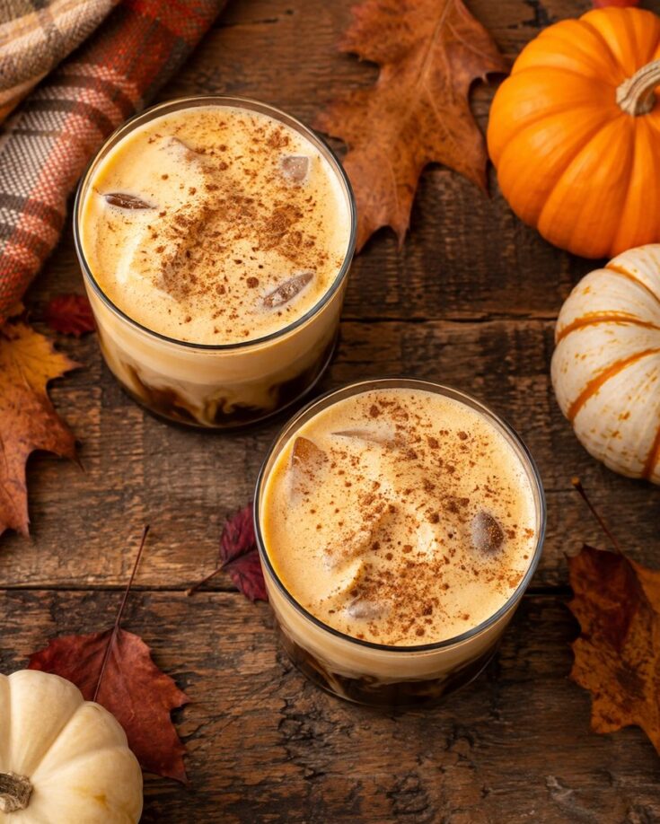 Two glasses of iced coffee topped with foam and cinnamon sit on a wooden table, surrounded by autumn leaves, small orange and white pumpkins, and a plaid cloth, creating a cozy fall atmosphere.