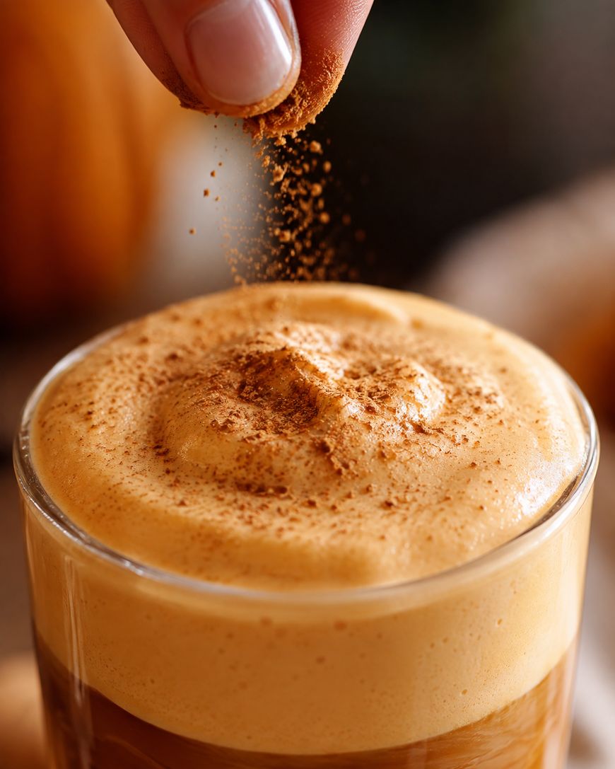 A hand sprinkles cinnamon onto a glass of frothy coffee with a creamy foam topping.