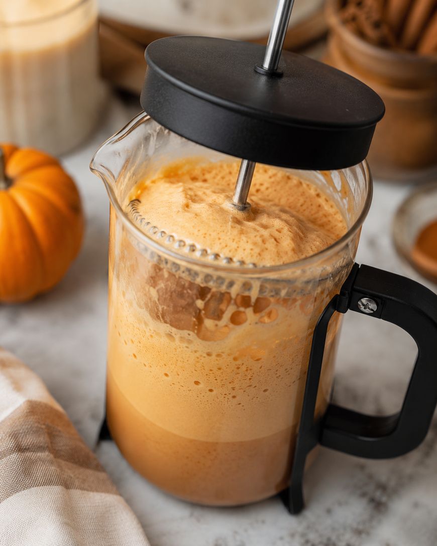 A French press filled with frothy pumpkin spice latte sits on a table, with a small pumpkin and cinnamon sticks in the background, creating a cozy autumn atmosphere.