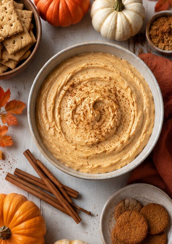 A bowl of creamy pumpkin dip is surrounded by graham crackers, cookies, cinnamon sticks, brown sugar, and small pumpkins on a white wooden table with autumn leaves.