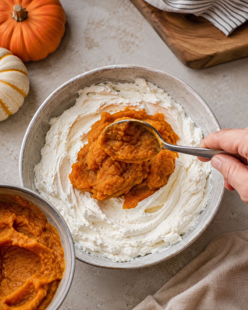 A hand spoons pumpkin puree onto whipped cream in a bowl. Nearby are small pumpkins, a bowl of more puree, a striped cloth, and a wooden board on a light countertop.