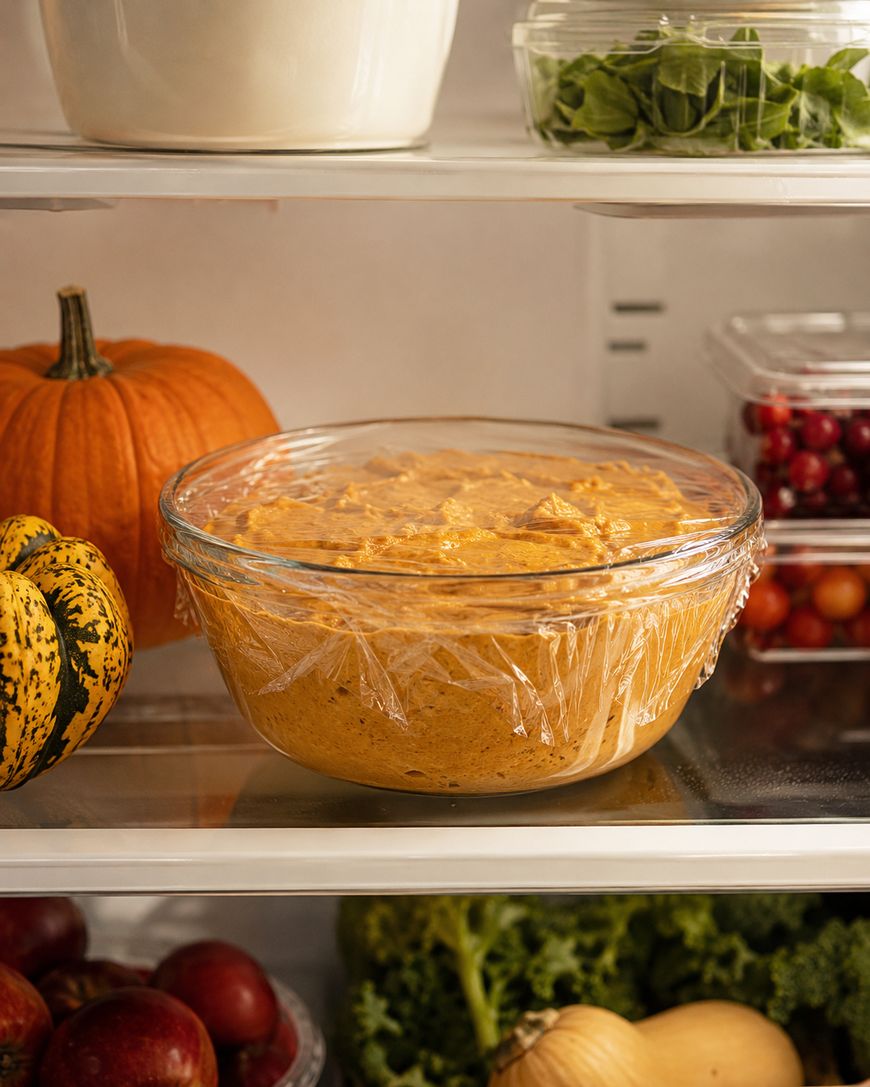 A glass bowl covered with plastic wrap holds an orange mixture in a refrigerator. Nearby are a pumpkin, squash, greens, cranberries, apples, and kale.