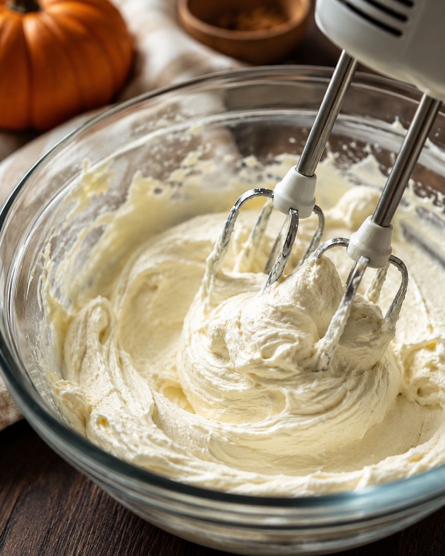 Electric hand mixer blending creamy, whipped batter in a clear glass bowl on a wooden table. A pumpkin and ingredients are blurred in the background.