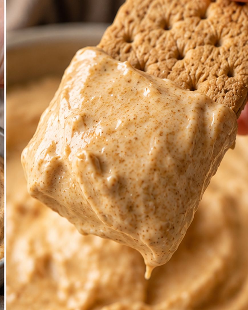A graham cracker being dipped into a thick, creamy, light brown dip with visible specks, likely a dessert or sweet spread, with more dip visible in the background.
