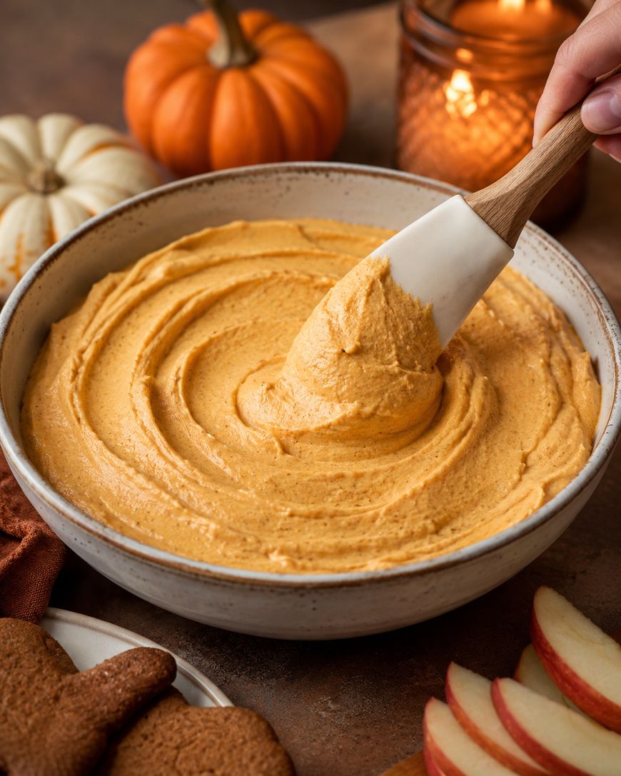 A hand holds a spatula mixing creamy pumpkin dip in a bowl, surrounded by ginger cookies, apple slices, small pumpkins, and a lit candle on a rustic table.