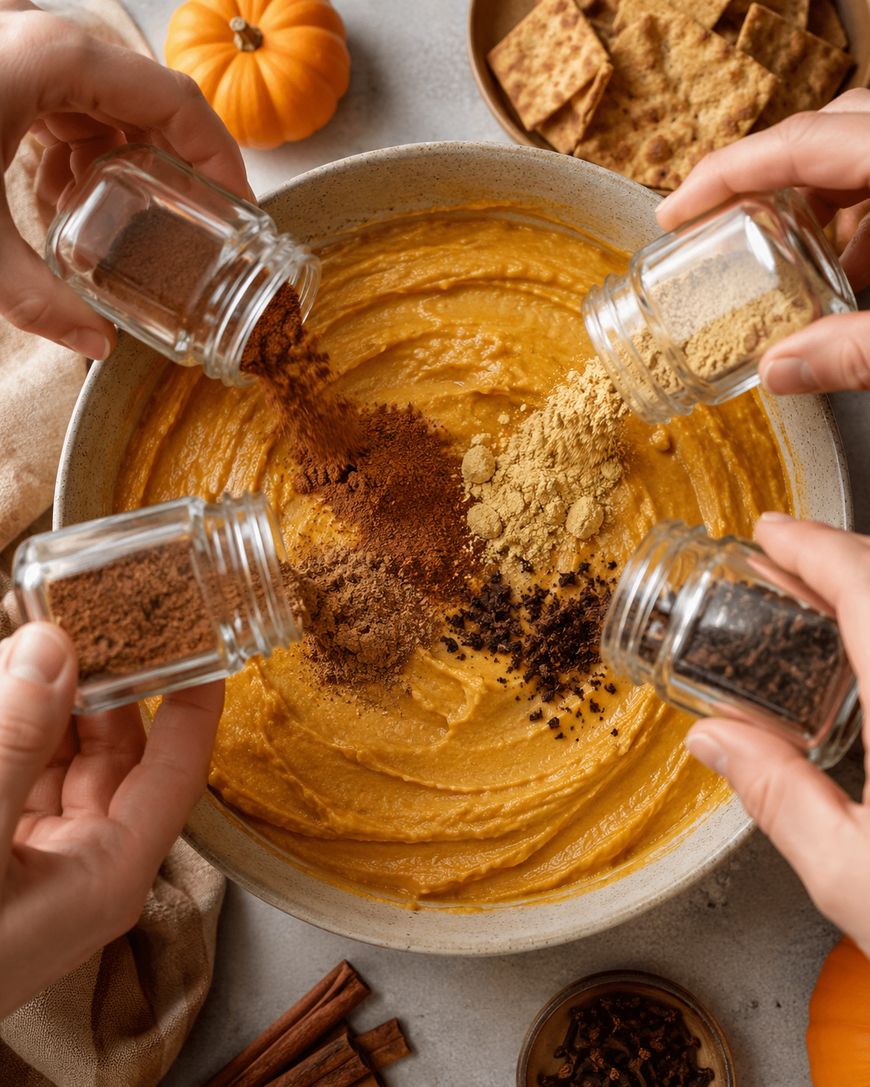 Four hands pour ground spices (cinnamon, nutmeg, ginger, and cloves) from jars into a bowl of pumpkin mixture. Small pumpkins, crackers, cinnamon sticks, and whole cloves are on the table.