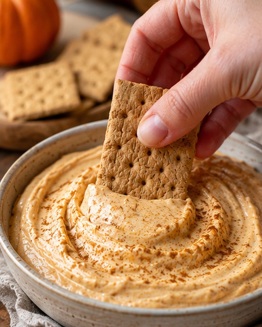 A hand dips a rectangular graham cracker into a creamy, swirled pumpkin dip in a bowl, with more crackers and a small pumpkin in the background.