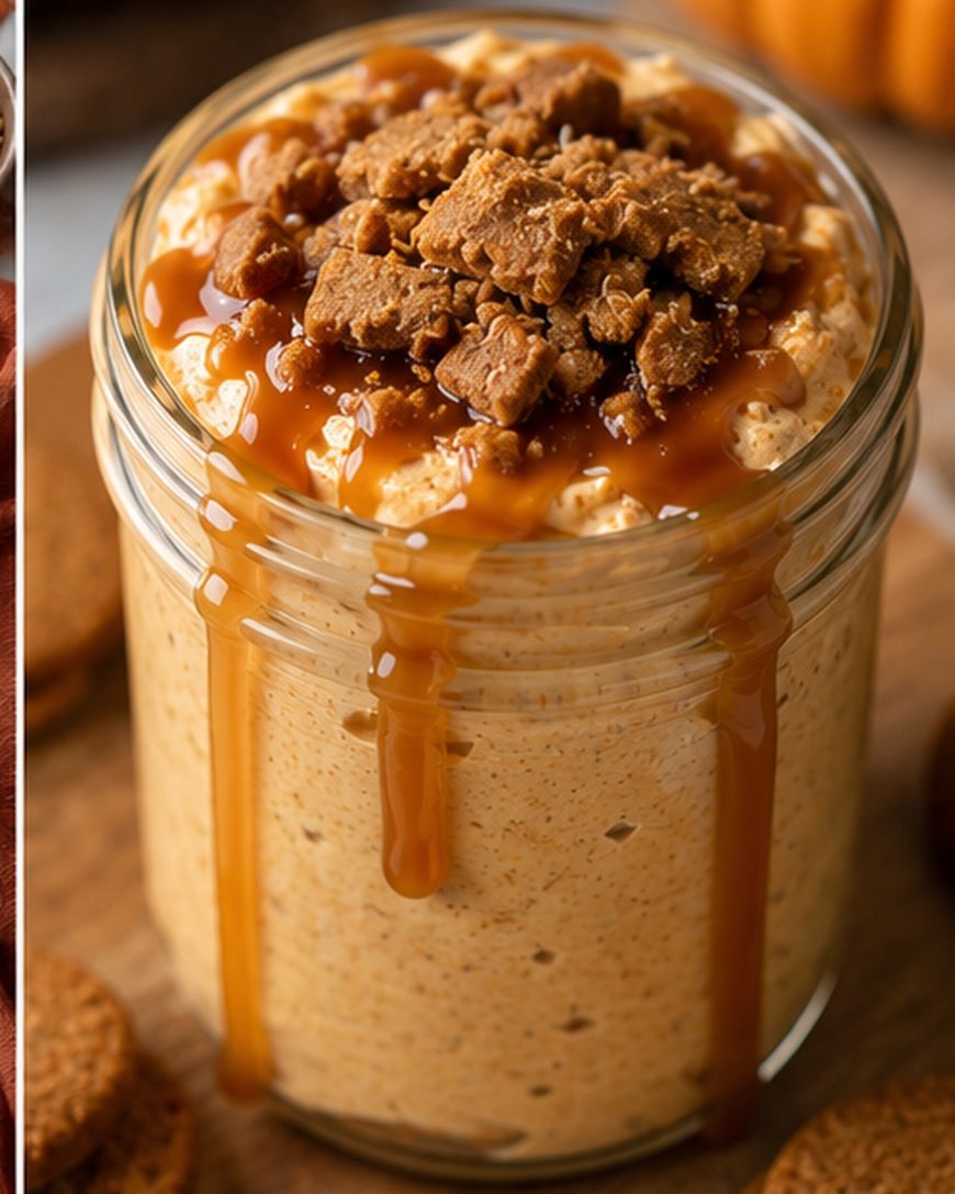 A glass jar filled with creamy pumpkin mousse, topped with crumbled cookies and drizzled with caramel sauce, sits on a wooden surface.