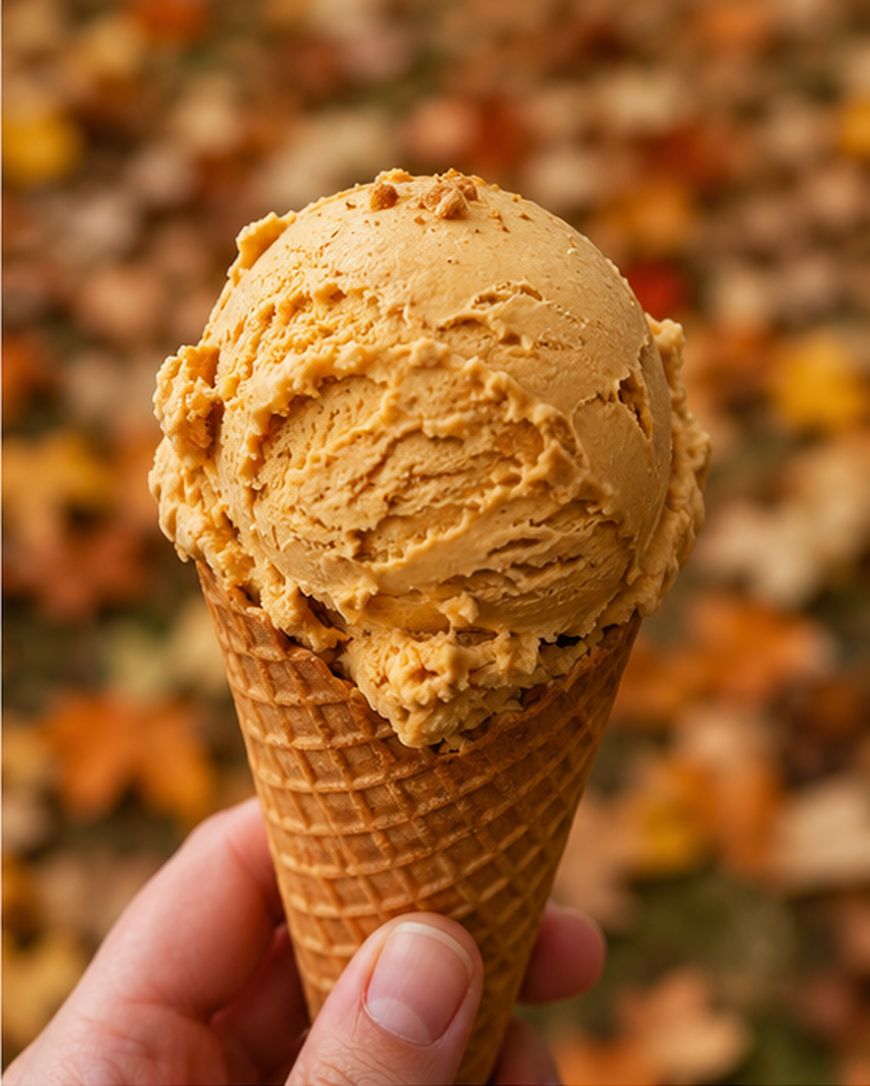 A hand holds a waffle cone with a scoop of orange ice cream, possibly pumpkin flavor. Autumn leaves in warm colors are blurred in the background.