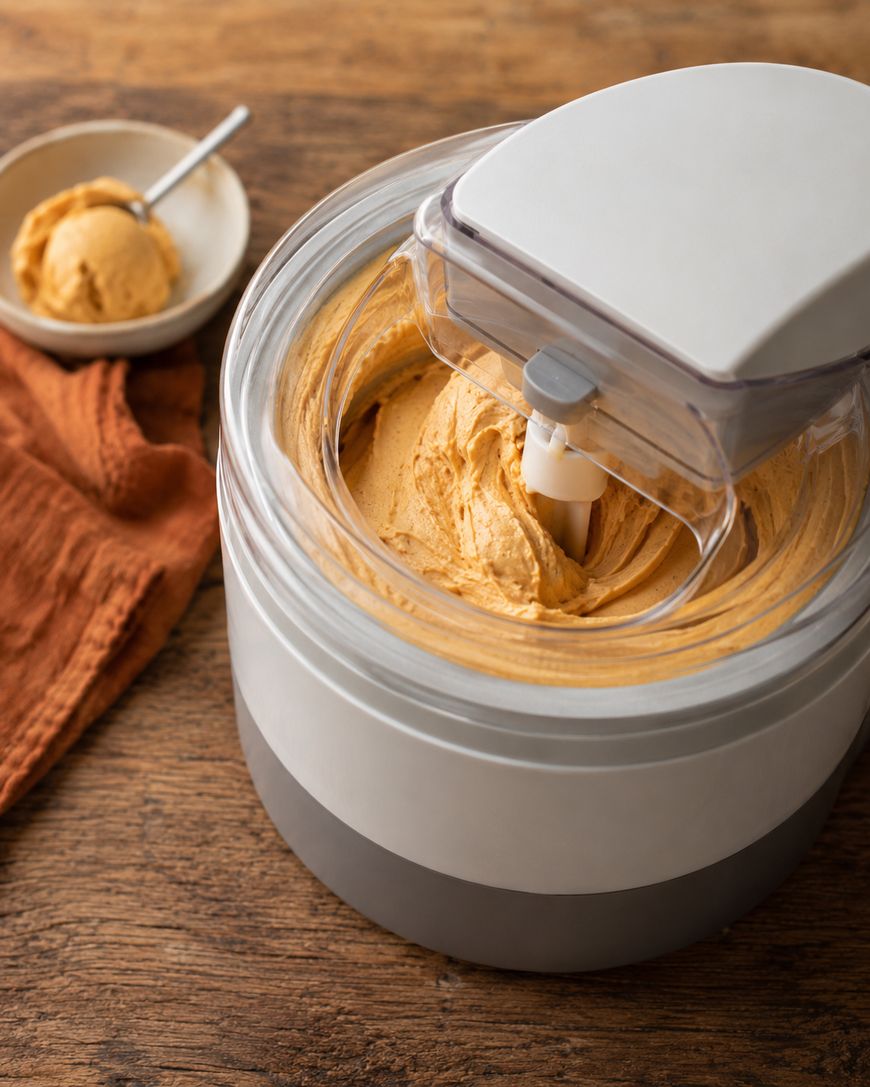 A white and gray ice cream maker with orange ice cream inside sits on a wooden table. A scoop of the ice cream is in a small bowl nearby, with an orange cloth next to it.