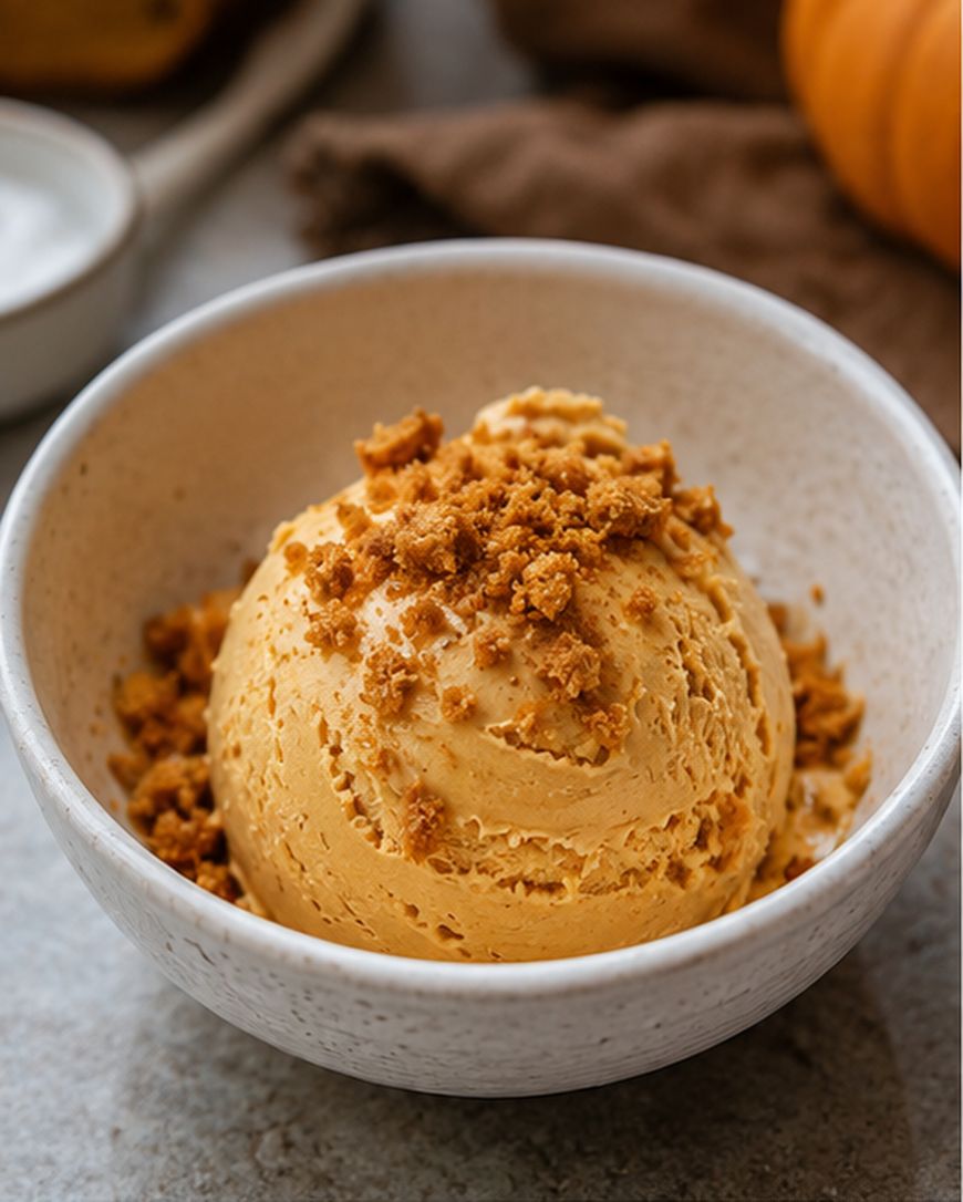 A scoop of creamy pumpkin ice cream in a white bowl, topped with crumbled cookie pieces, sits on a light surface with a blurred pumpkin and napkin in the background.