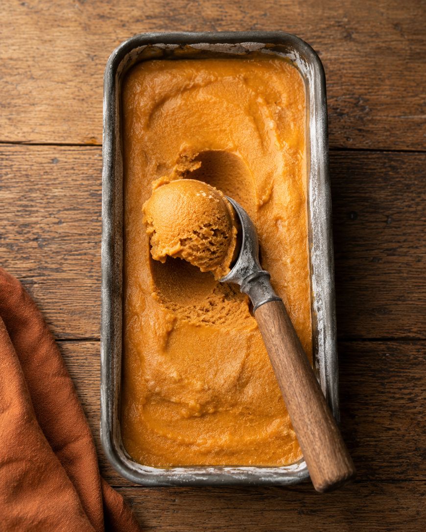 Rectangular metal pan with orange-colored ice cream or sorbet. A metal ice cream scoop with a wooden handle is partially embedded, scooping out a portion. Wooden surface and orange cloth partially visible.