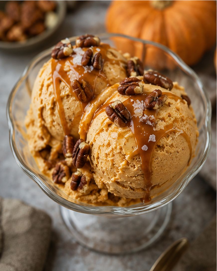 Two scoops of pumpkin ice cream in a glass dish, topped with pecans, caramel sauce, and sea salt, with a pumpkin and bowl of pecans blurred in the background.
