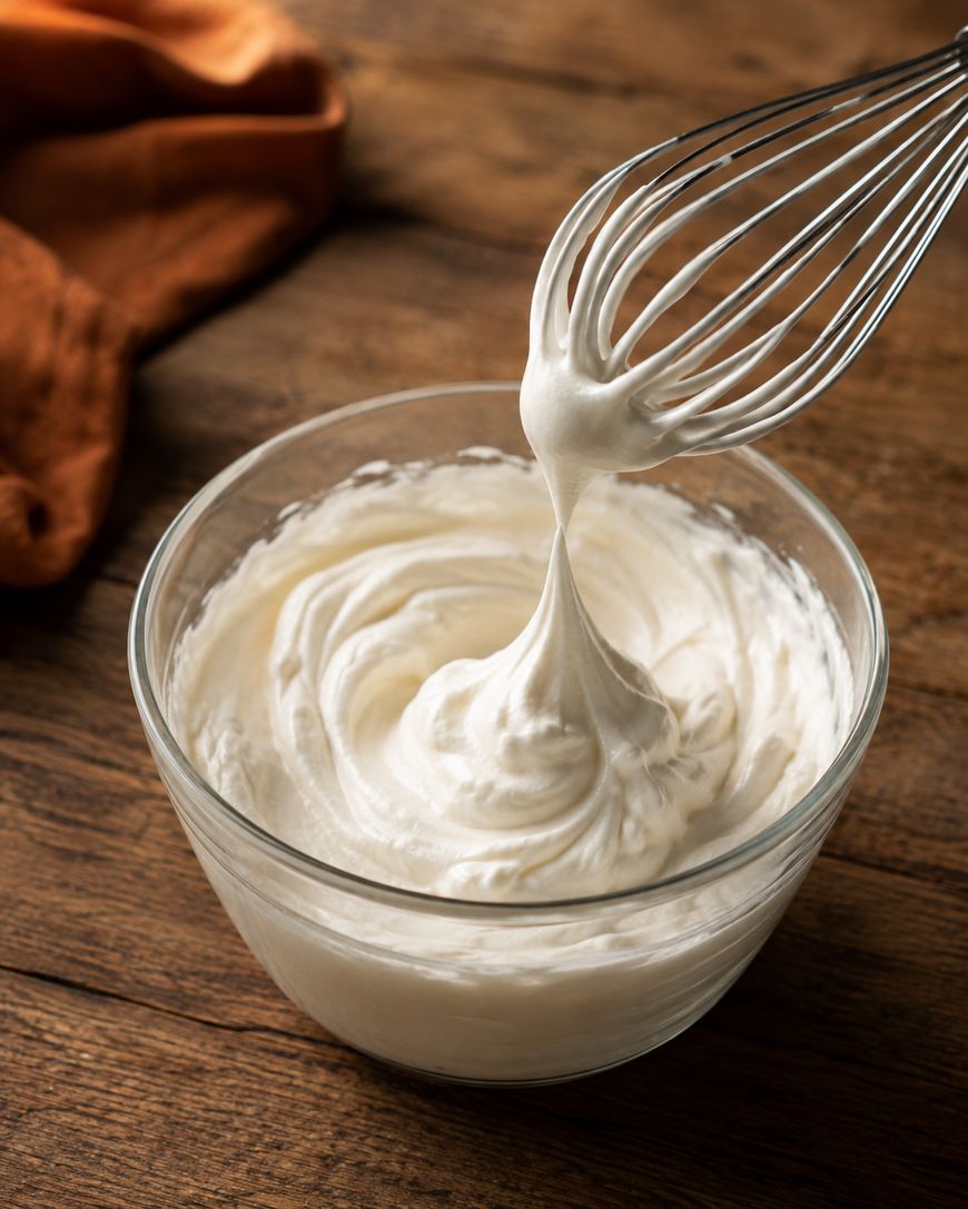A glass bowl of whipped cream on a wooden table, with a wire whisk lifting some of the creamy mixture. An orange cloth is partially visible in the background.