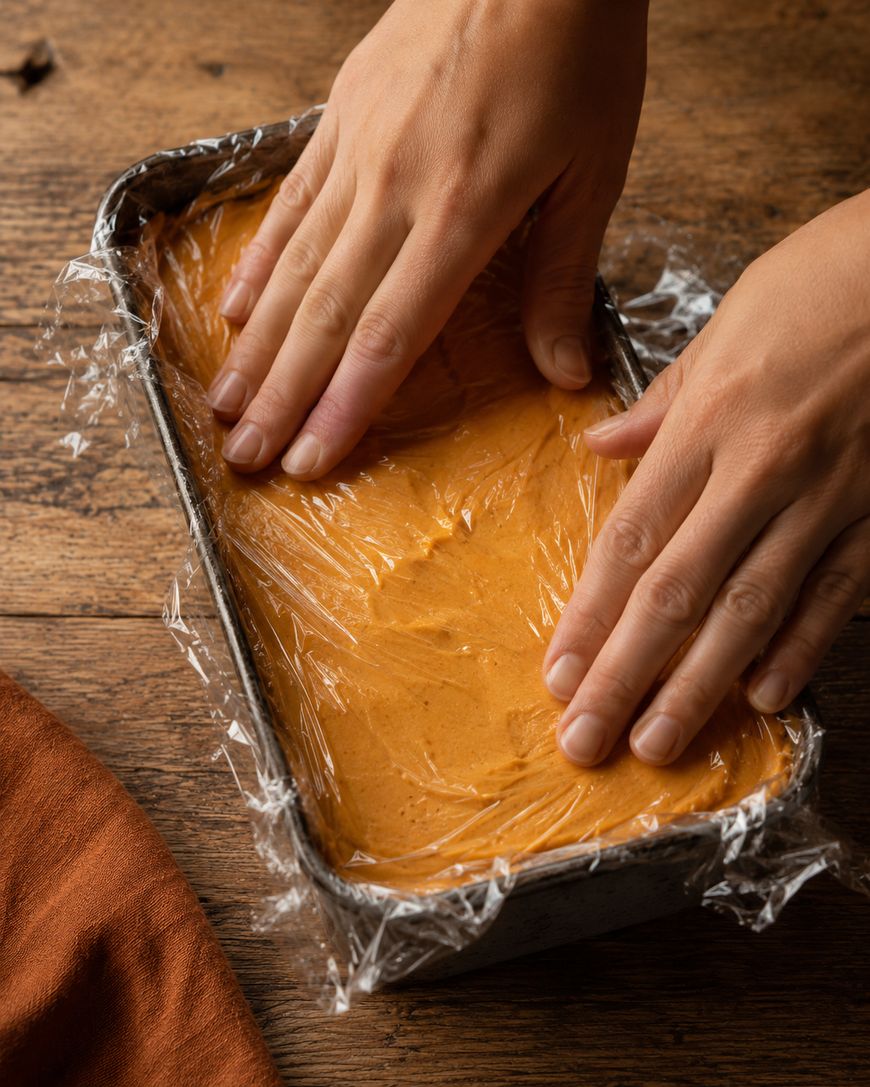 Hands pressing plastic wrap over a pan filled with orange batter on a wooden table.