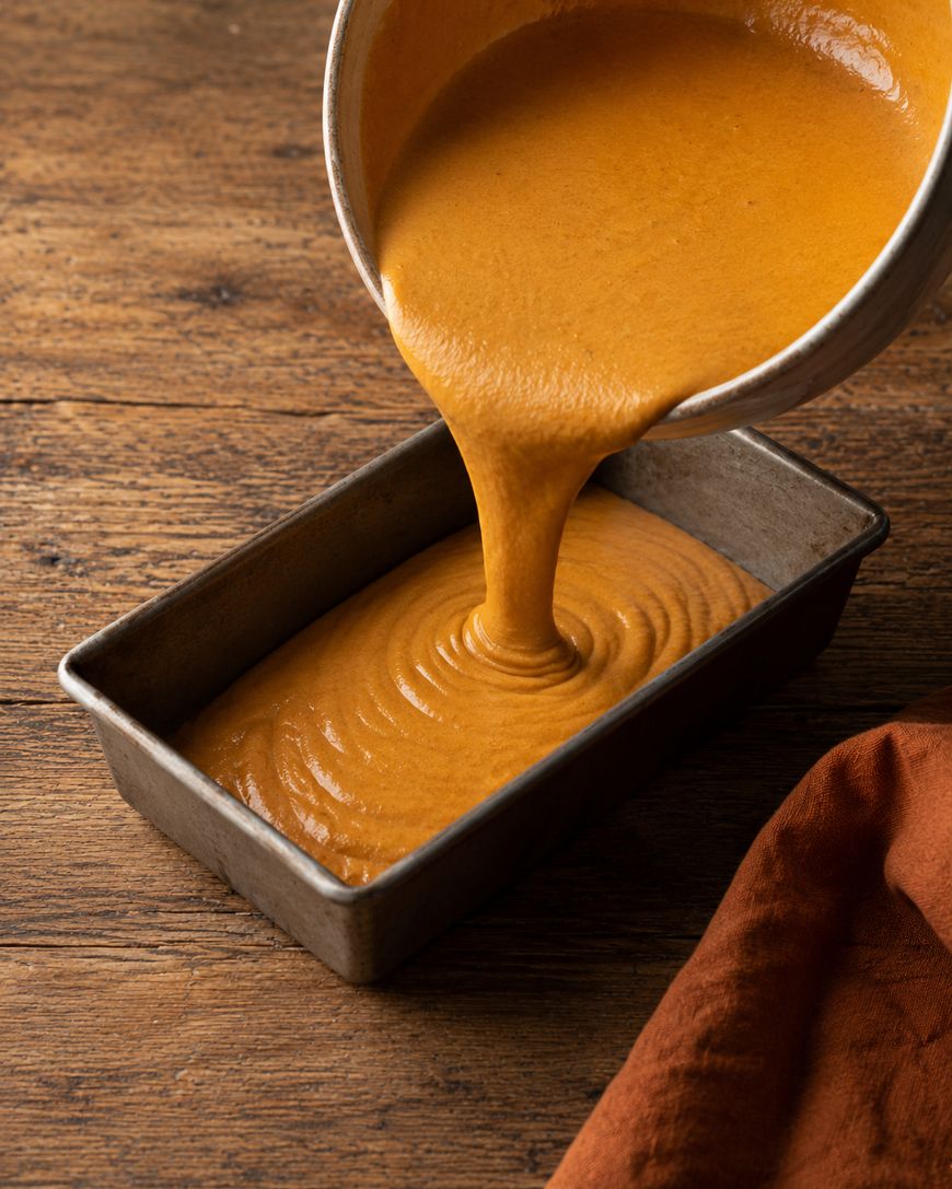 A thick, orange batter is being poured from a bowl into a rectangular metal loaf pan on a wooden surface, with an orange cloth nearby.