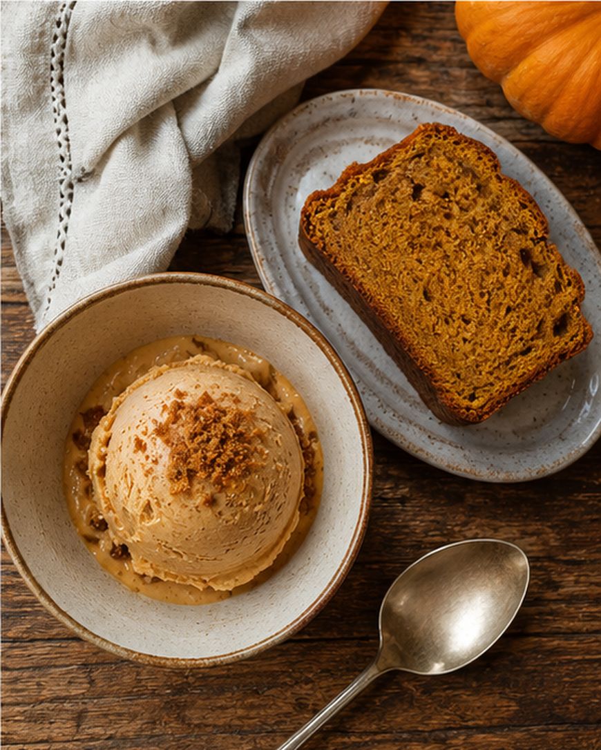 A bowl with a scoop of ice cream topped with crumbles sits beside a plate with a slice of pumpkin bread. A spoon and a cloth are nearby, all on a rustic wooden table.