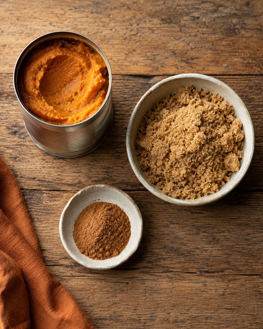An open can of pumpkin puree, a bowl of brown sugar, and a small dish of ground cinnamon are arranged on a wooden surface with an orange cloth nearby.