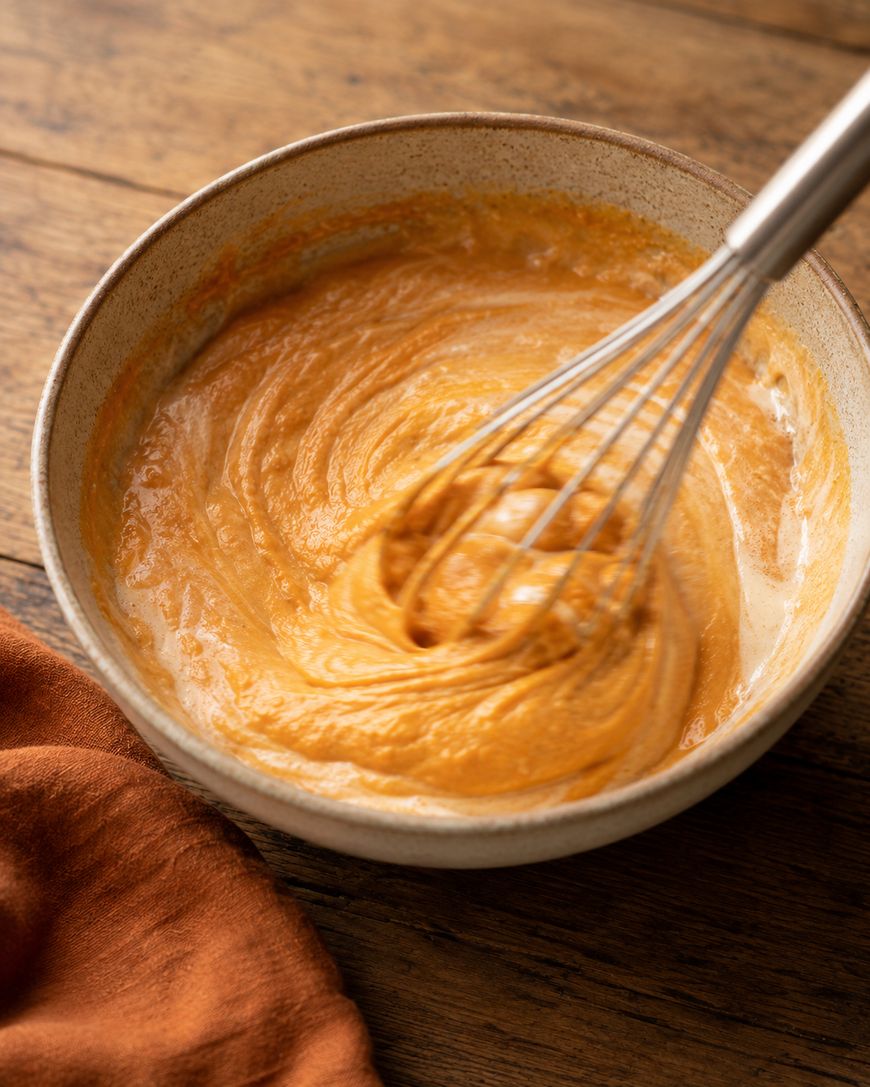 A metal whisk stirring a creamy orange batter in a ceramic bowl on a wooden surface, with an orange cloth nearby.
