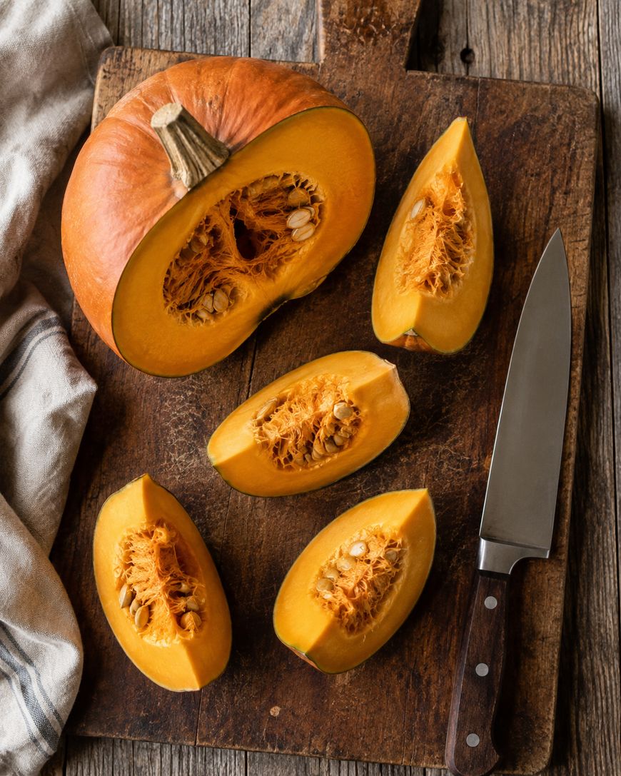 A pumpkin cut into several pieces sits on a rustic wooden cutting board next to a knife. The seeds and fibrous pulp are visible inside each piece. A cloth napkin is nearby on the wooden table.